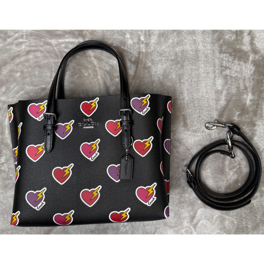Coach Mollie 25 Black Purple Pink Heart Lightning Bolt Print Tote Bag CW435 NWOT